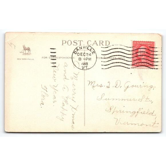 Vintage 1918 Christmas Postcard Poinsettia & Snowy Cottage Scene - Picture 2 of 2